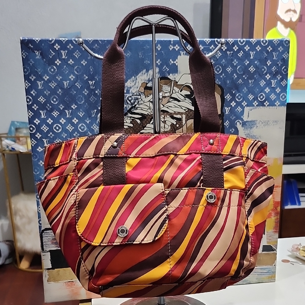 Franco Sarto Multicolor Handbag Nylon Diagonal Stripe Vibrant Fuschia Gold Brown